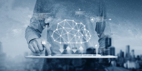 Cloud computing technology, Businessman using digital tablet with cloud technology icon