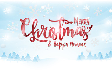 Merry Christmas and Happy New Year postcard. Red sparkling Calligraphy with winter landscape and snowflakes background