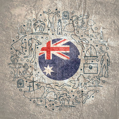 Circle Frame with Diving Line Icons. Travel and Vacation Poster Concept. Flag of the Australia