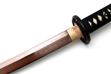 Colored folded steel blade with hamon (Clay tempered line for harden) Blade of Japanese sword ...