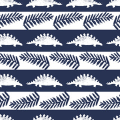 Vector blue stripes stegosaurus and fern repeat pattern. Perfect for textile, giftwrap and wallpaper.