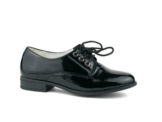 Right stylish leather female boot isolated on white background.