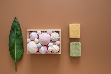 Spa composition with body care items on a colored background