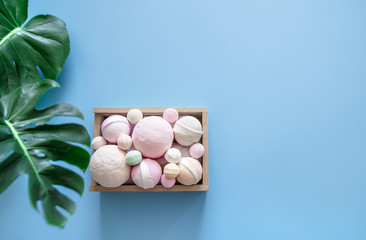 Spa composition with body care items on a colored background