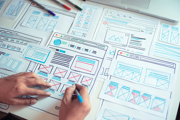 Website designer Creative planning application developer development draft sketch drawing template layout prototype framework wireframe design studio . User experience concept .