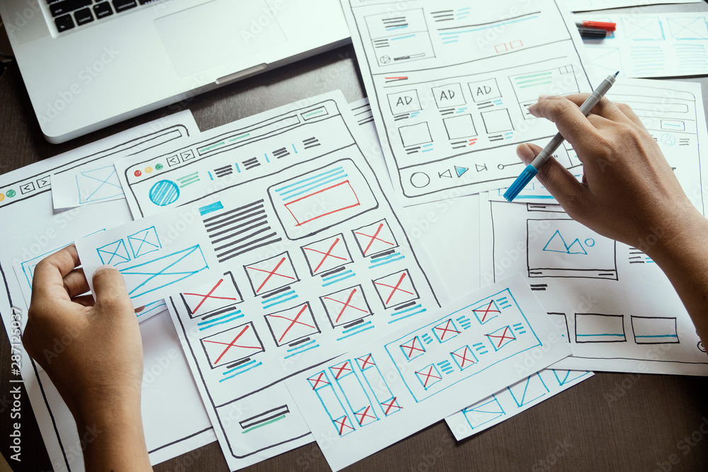 Poster Website designer Creative planning application developer development draft sketch drawing template layout prototype framework wireframe design studio . User experience concept .