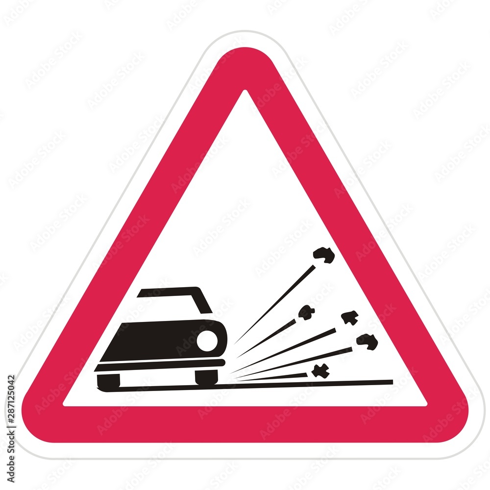 Wall mural Beware grit warning of traffic signs.  Black silhouette of car with stones at red circle frame.