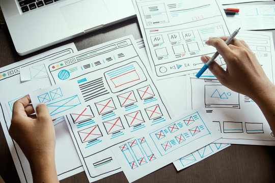 Website designer Creative planning application developer development draft sketch drawing template layout prototype framework wireframe design studio . User experience concept .