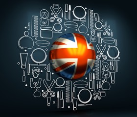 Cosmetology and fashion concept. Template for presentation. Circle frame with thin line icons. Flag of the United Kingdom. 3D rendering.
