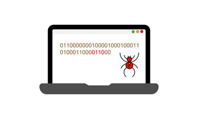 Computer bug find icon, error, bug or scam detected, thread, malware scan with magnifier. Malware on computer display. Virus computer bug icon. Simple design. 