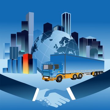 Business vector illustration. Handsshake  businessman make a successful deal on globe background 
