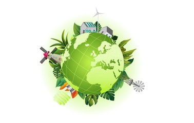 Eco Friendly, energy saving and eco safety, green energy concept, around the globe  illustration. Earth Day.