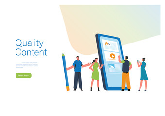 Engaging Content, Blogging, Blogger. Freelance. Marketing content. Creative writing. Copy writer. Content management. Flat cartoon miniature  illustration vector graphic on white background.