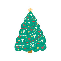 Christmas tree decorated with toys isolated on white background. Christmas tree in cartoon style for postcards, banner, poster. Vector illustration