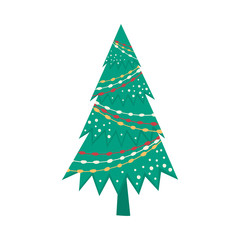 Christmas tree decorated with toys isolated on white background. Christmas tree in cartoon style for postcards, banner, poster. Vector illustration