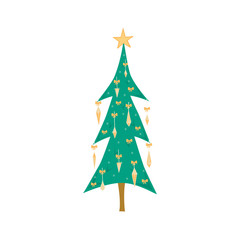Christmas tree decorated with toys isolated on white background. Christmas tree in cartoon style for postcards, banner, poster. Vector illustration