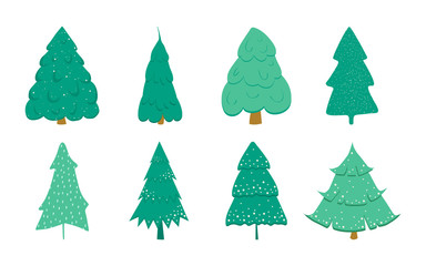 Fototapeta premium Christmas tree set decorated with snow isolated on white background. Christmas tree in cartoon style for postcards, banner, poster. Vector illustration