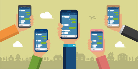Hand holding smartphone vector banner illustration /Chat app (SNS/message app) 
