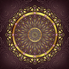 Vintage background mandala card with golden lace ornaments and art deco floral decorative elements