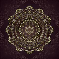 Vintage background mandala card with golden lace ornaments and art deco floral decorative elements