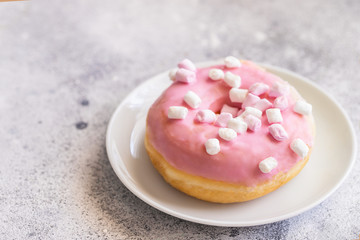Obraz na płótnie Canvas Pink glazed donut with marshmallow on concrete background with cope space