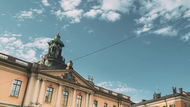 Stockholm, Sweden. Tourists People Walking Near Nobel Museum And Point 0 On Stortorget Square In Summy Summer Day. Famous Popular Place In Old Town Gamla Stan