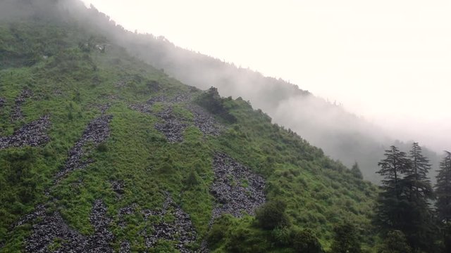 Green plant covered hill with rain falling and a cloud going over the peak in McLeodganj Dharamshala