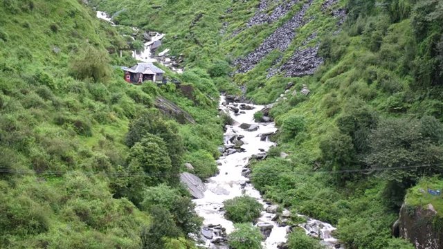 Mountain stream flowing down a lush green mountain with a small hut shack on the side on the trek to Bhagsu Falls McLeodganj