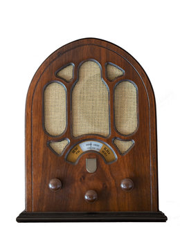 antique wooden radio isolated on white background. Vintage object that recalls the technology of past years