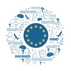 Obraz premium Mental health creative concept. Circle frame with medicine thin line icons and tags. Flag of the European Union
