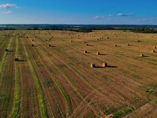 Aerial view of hay bales on an autumn field in Minsk region of Belarus