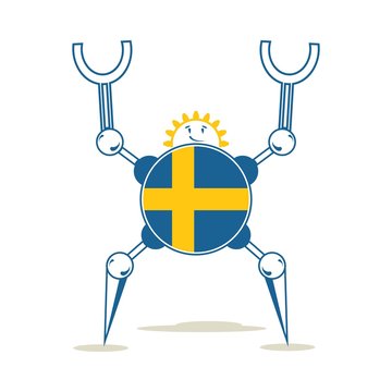 Cute vintage robot. Robotics industry relative image. Cartoon person. Flag of the Sweden