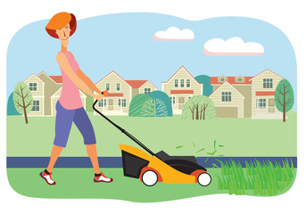 Smiling woman mows grass with a lawn mower on the background of houses. Vector full color graphics