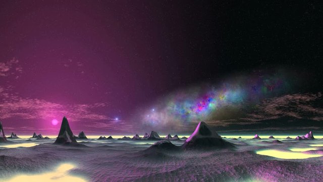Beautiful Nebula and UFO over an Alien Desert. On a dark starry sky great colorful nebula. Bright blue objects (UFOs) quickly fly over the alien desert. In the lowlands is yellow fog.
