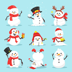 Cute christmas snowmen flat vector illustrations set
