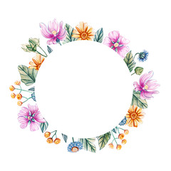Round frame with watercolor wildflowers.