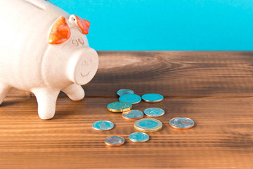 Piggy Bank and a few coins on the wooden table. Close up. The concept of saving money. Selective focus.