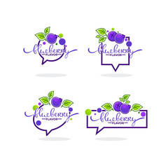 blueberry flavor, doodle logo collection with berry symbols, leaves and lettering composition