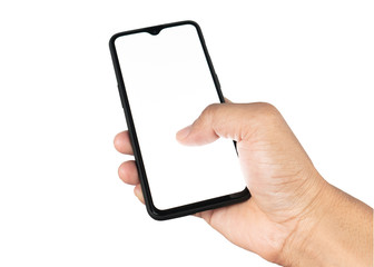 Hand holding smartphone isolated on white background with clipping path