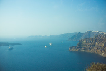  Picturesque view of view on a Santorini island and mountains. Vacations time