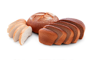 Beautiful geometric composition of delicious slices of bread and two round fresh loaves of bread with crispy golden crust isolated on a white background
