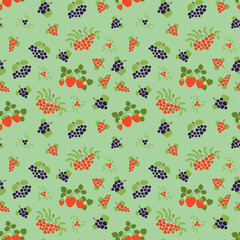 Berry seamless pattern. Fashion print. Clothes design. Mountain ash, strawberry, currant, rowan,  viburnum and black chokeberry. Vector organic vegan healthy food. Hand drawn doodle background