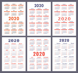 Calendar 2020 year. Vector template collection. English pocket calender set. Week starts on Sunday