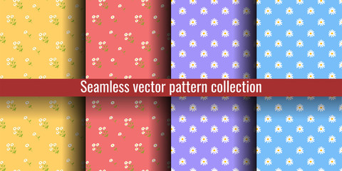 Floral seamless pattern set. Chamomile. Vector flowers. Fashion print. Design for textile or clothes. Hand drawn elements. Natural background