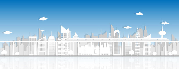 Panorama building and city, Urban cityscape, paper cut style vector illustration.