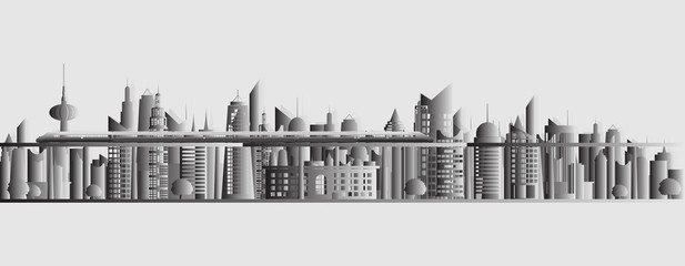 Panorama building and city, Urban cityscape, black and white tone vector illustration.