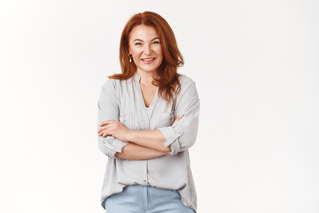 Caring lovely happy middle-aged redhead woman cross arms chest smiling joyfully talking lively discuss child grades school teacher grinning laughing have interesting conversation, white background - 287136283