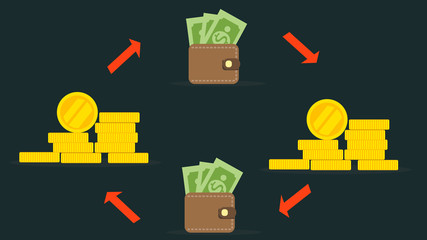 Brown wallet with green paper money. Wallet with money dollar bank note flat design isolated