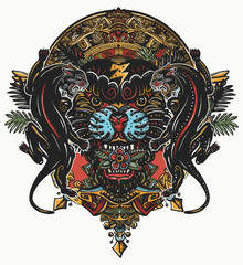 Black panthers and mayan sun calendar. Wild cats totem, jungle art. Mesoamerican mexican culture. Esoteric color tattoo and t-shirt design © intueri