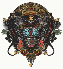 Foto op Plexiglas Black panthers and mayan sun calendar. Wild cats totem, jungle art. Mesoamerican mexican culture. Esoteric color tattoo and t-shirt design © intueri